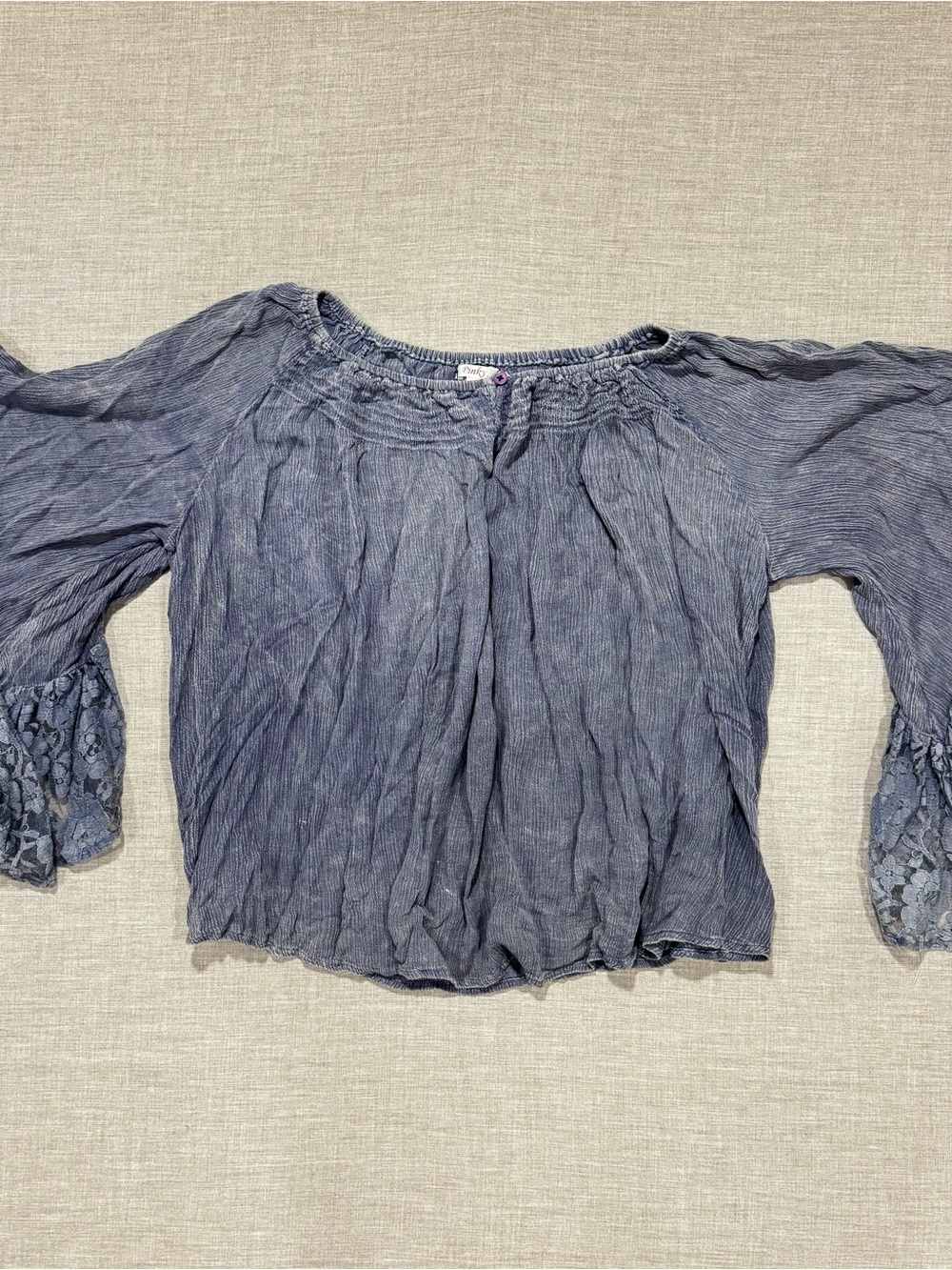 Pinky Slate Blue Off-Shoulder Peasant Blouse with Lace Cuffs